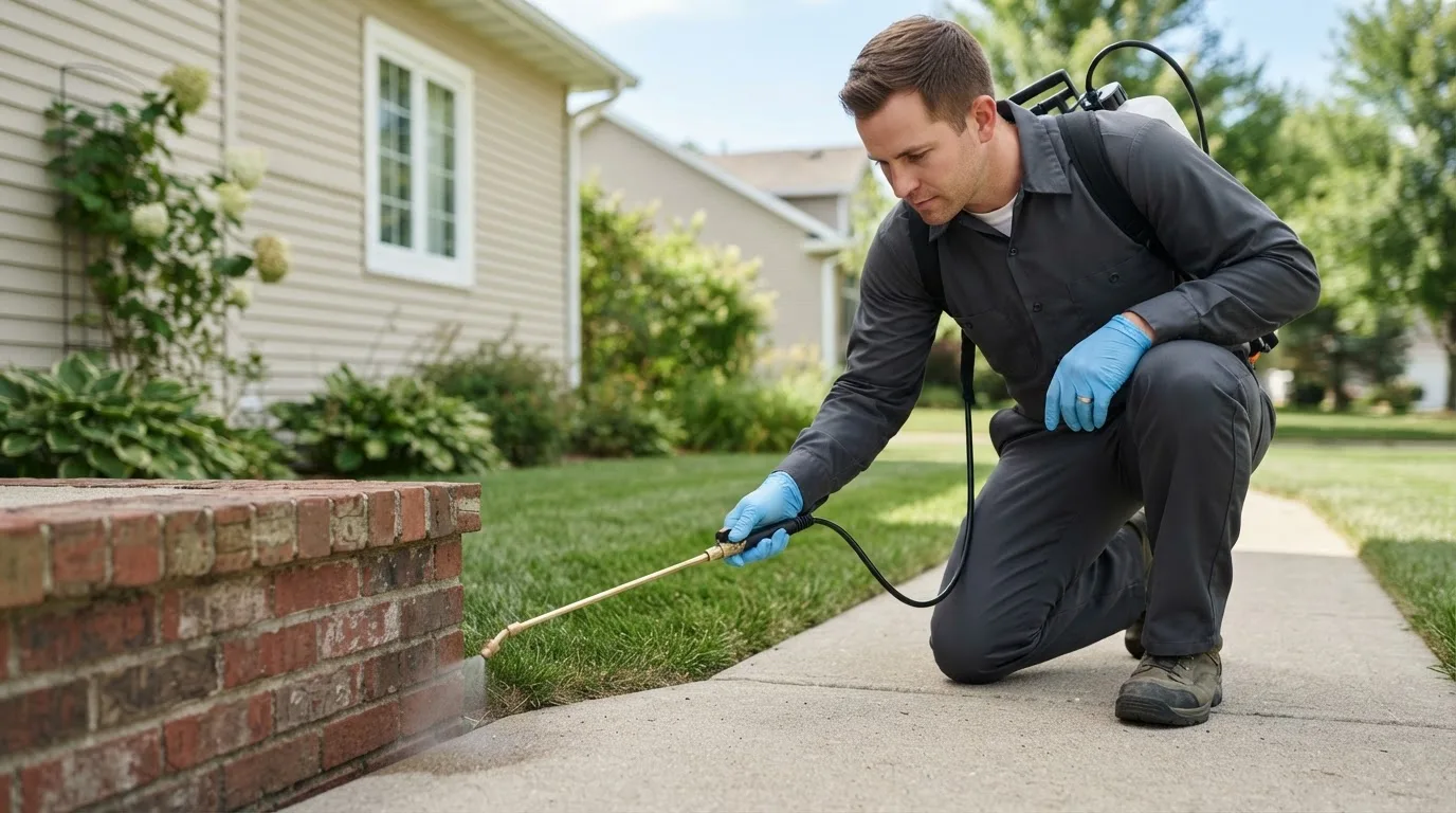 Pest control technician treating a home near Malvern, PA